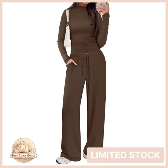 Mock Neck Ruched Top Wide Leg Pants Set Chic Minimal Lounge Wear